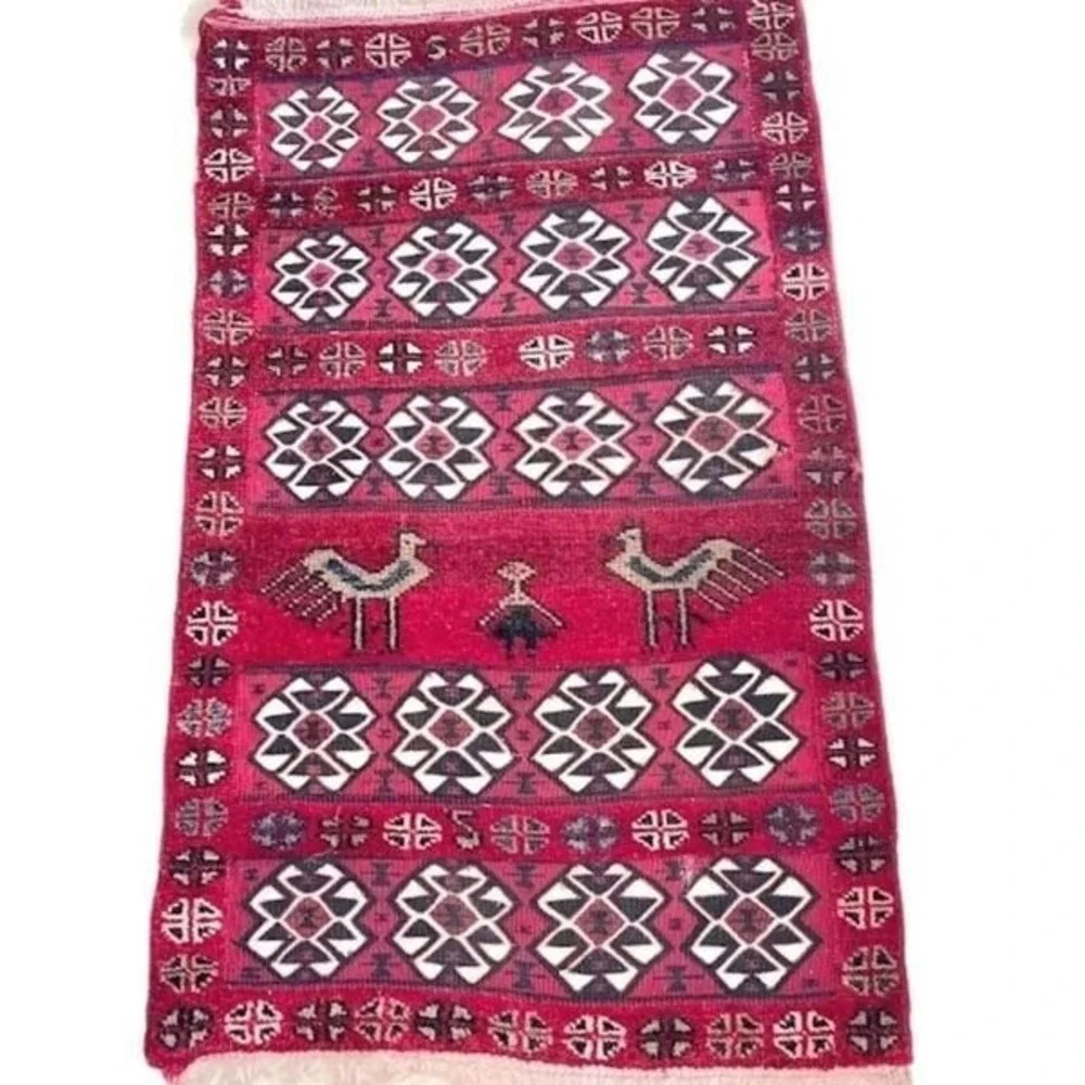 Vintage Hand-Knotted Wool Red Geometric Birds Ethnic Carpet Rug Kilim 54